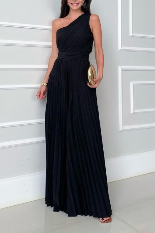 Elegant Pleated Slant Neck Waist Jumpsuit