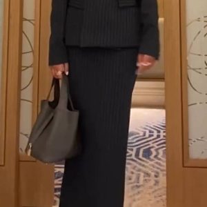 Striped Slim Fit Blazer And Skirt Suit-Skirt