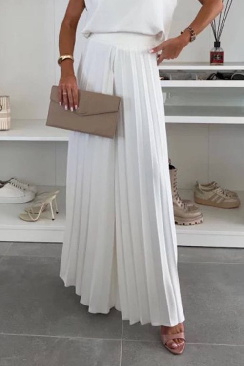 Fashionable Elastic Waist Pleated Wide-Leg Pants