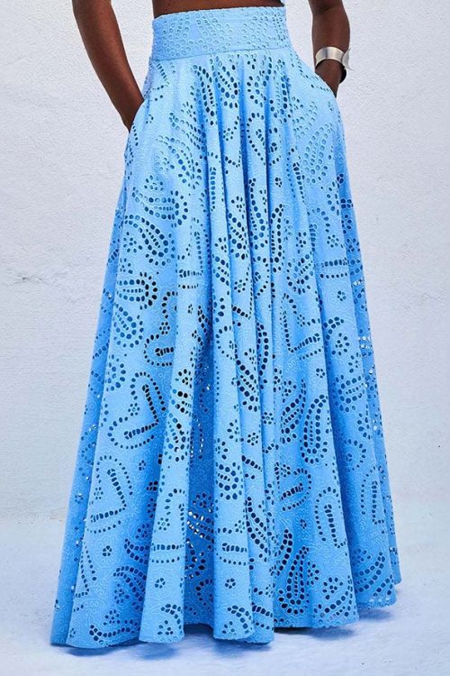 Exquisite embroidered hollow lace long A-line skirt