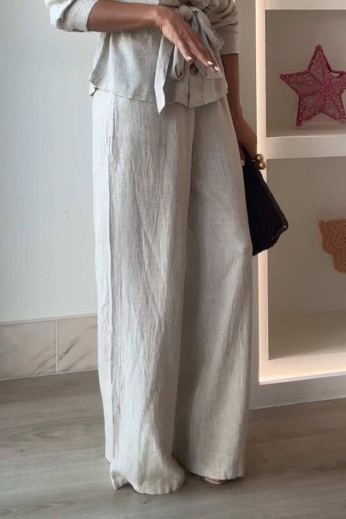 Classic Linen Elastic Waist Pocket Loose Wide Leg Pants
